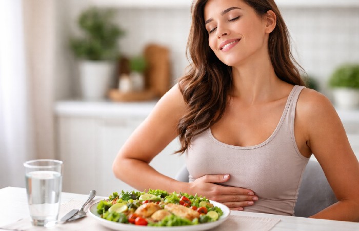 person feeling full after meal representing appetite control
