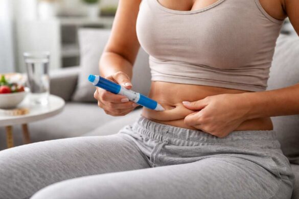 woman using weight loss injection pen at home