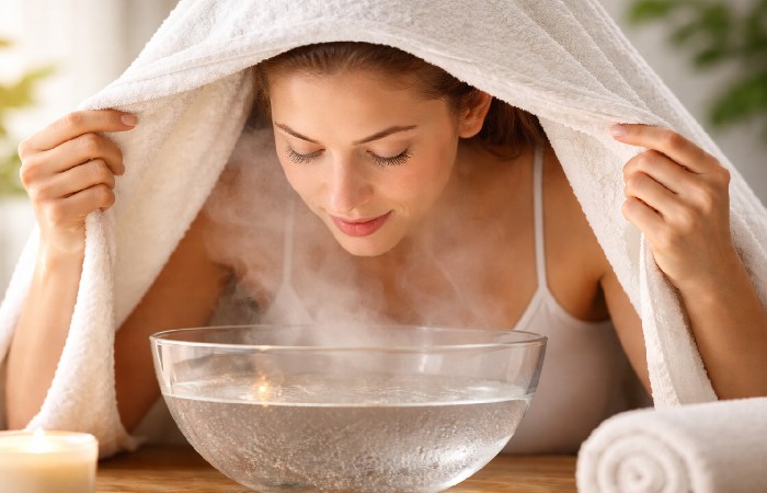 bowl and towel facial steaming process