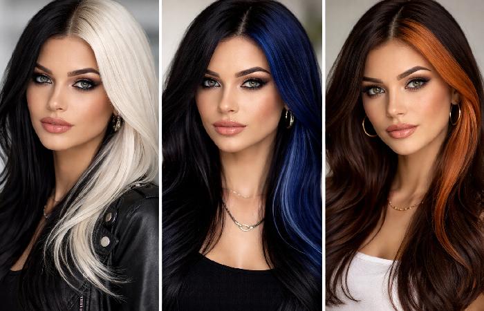 Different skunk hair color combinations including platinum blue and copper
