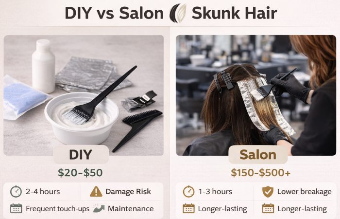 Skunk hair dye DIY vs salon cost time and damage comparison infographic
