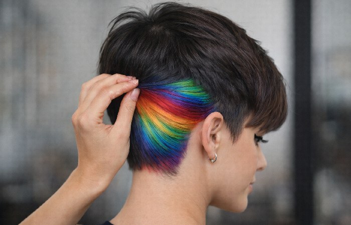 hidden rainbow hair underlayer short haircut
