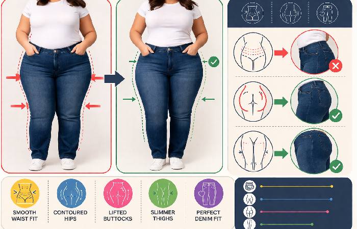 Comparison of two curvy jean fits showing different body shapes