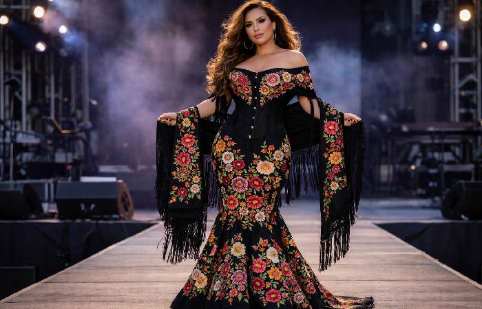 Traditional embroidered gown with floral patterns inspired by Jenni Rivera stage outfits