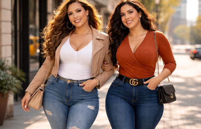 Collection of denim, graphic tees, and accessories from a fashion brand