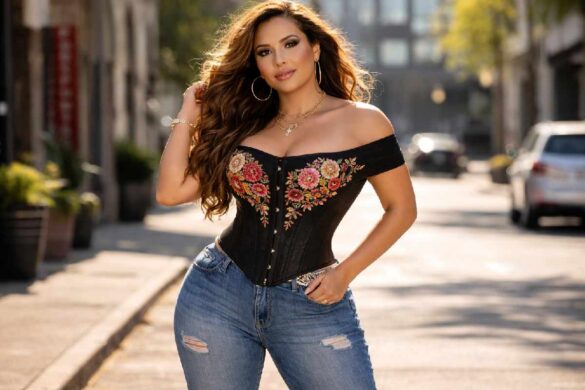 Woman wearing embroidered top and fitted jeans inspired by Jenni Rivera style