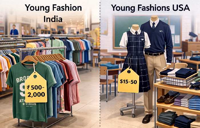 Visual comparison of Young Fashion India clothing and Young Fashions USA uniforms