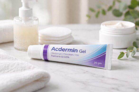 Acne treatment gel tube with skincare routine products for topical acne therapy