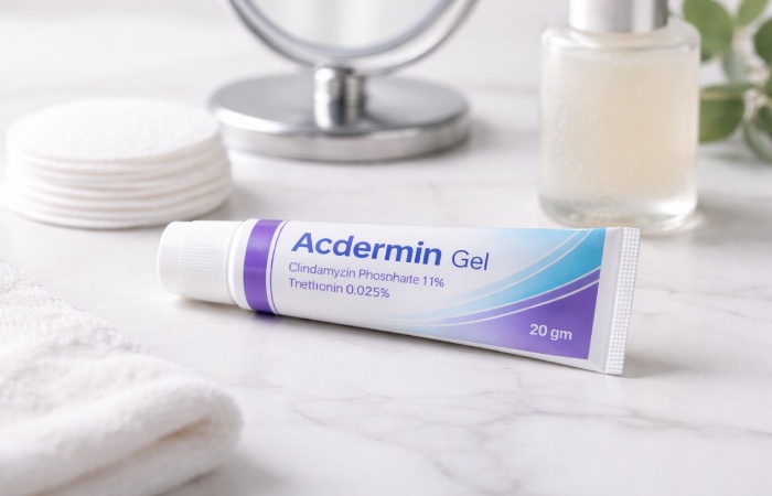 Topical acne medication gel tube used in dermatology skincare treatment