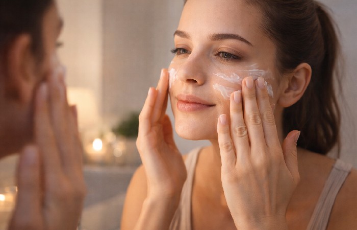 person applying night cream to face skincare routine