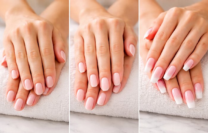 Woman searching for nail spa near her on smartphone at home