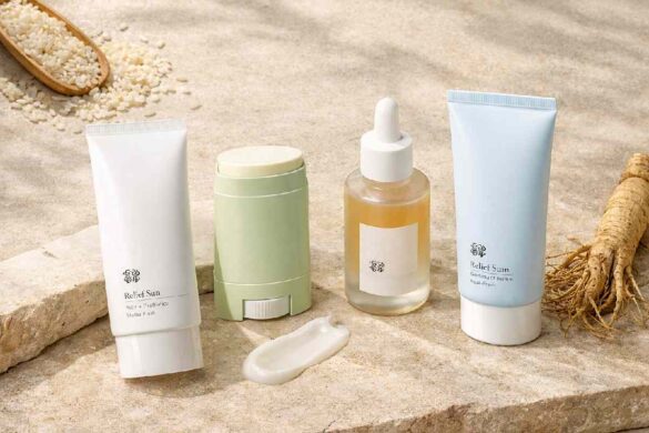 Beauty of Joseon sunscreen full range including Relief Sun, Aqua-Fresh, Matte Sun Stick and Ginseng Serum arranged on neutral background