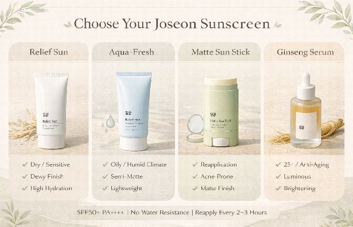 Infographic showing which Beauty of Joseon sunscreen to choose based on skin type and climate