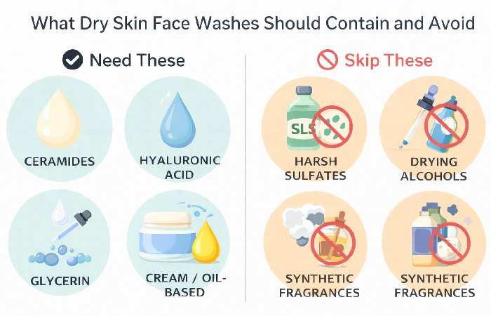 Different cleanser textures for dry skin including cream gel and oil