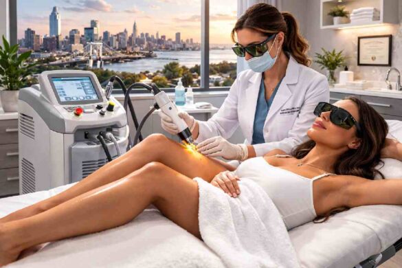 Licensed medical professional performing laser hair removal treatment in a New Jersey clinic setting