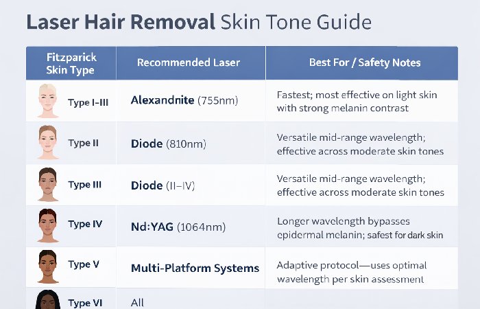 Infographic showing best laser type for each Fitzpatrick skin tone category