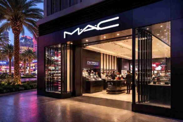 MAC Cosmetics storefront on the Las Vegas Strip at dusk in Nevada