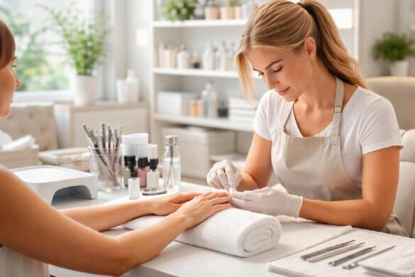 Clean modern nail spa in North Carolina with technician performing manicure