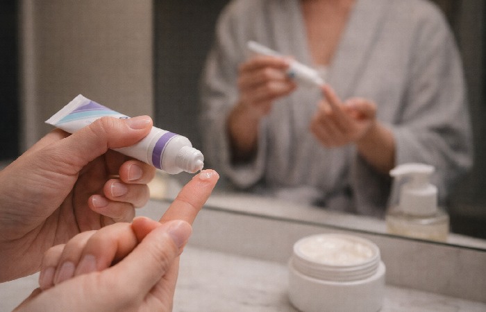 Applying a small amount of acne treatment gel during nighttime skincare routine