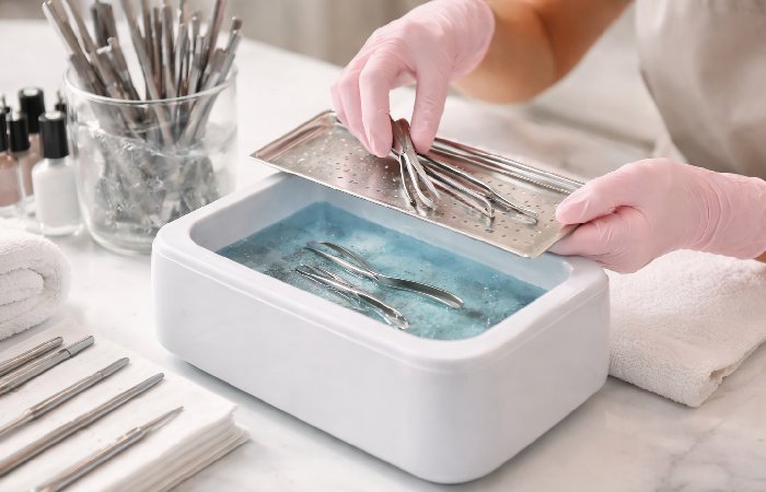 Woman searching for nail spa near her on smartphone at home