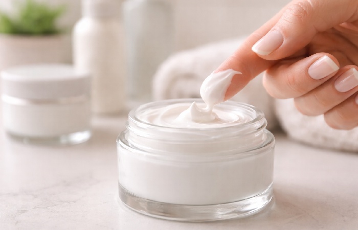 Thick cream moisturizer on fingertip from open jar