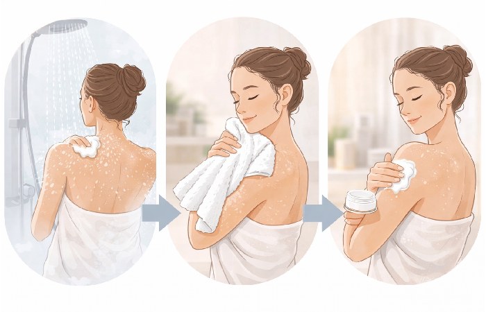 Person applying moisturizer immediately after shower on damp skin