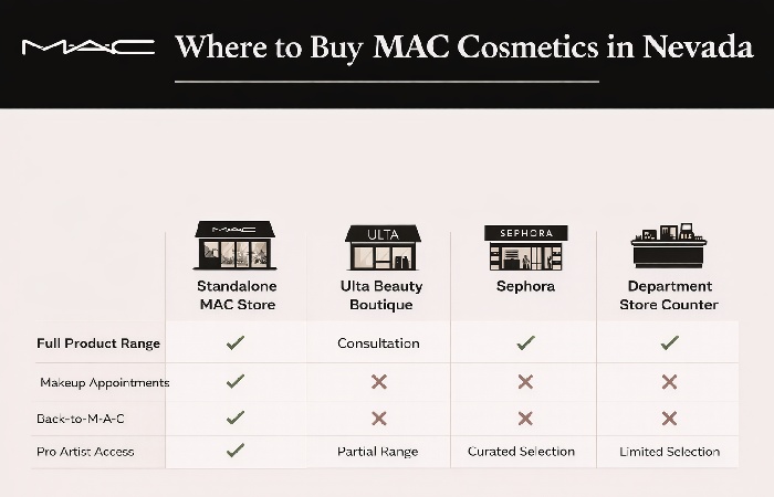 Comparison chart showing standalone MAC stores, Ulta, Sephora, and department store counters in Nevada