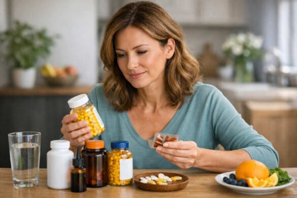 woman over 40 choosing vitamins and supplements at home