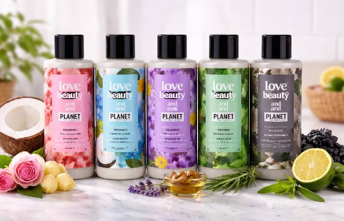 Different Love Beauty and Planet shampoo variants for various hair types