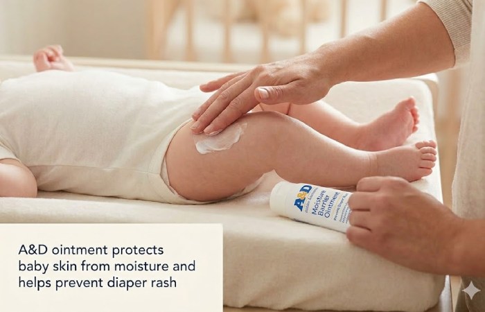 Parent applying A&D Moisture Barrier Ointment to a baby's skin during a diaper change to prevent rash.