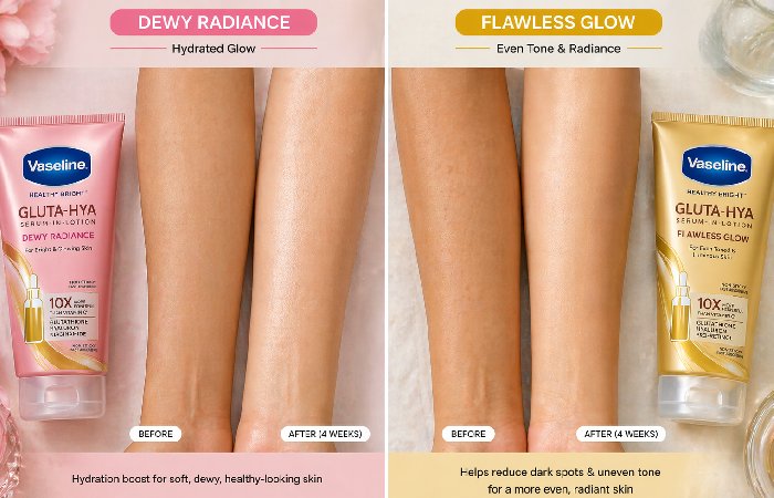 Comparison of hydrated glowing skin and even toned skin on arms