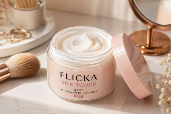 Flicka Silk Touch cream texture in open jar on makeup table