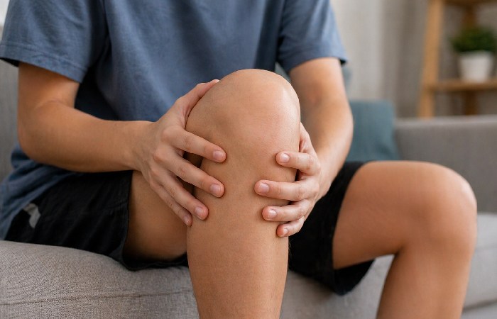 Person holding knee joint showing instability or discomfort
