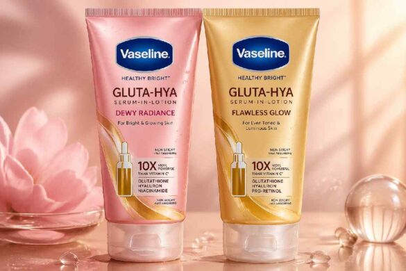 Vaseline Gluta Hya Dewy Radiance and Flawless Glow body lotion tubes side by side