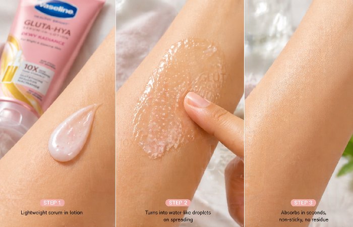 Lightweight body lotion transforming into watery texture on skin